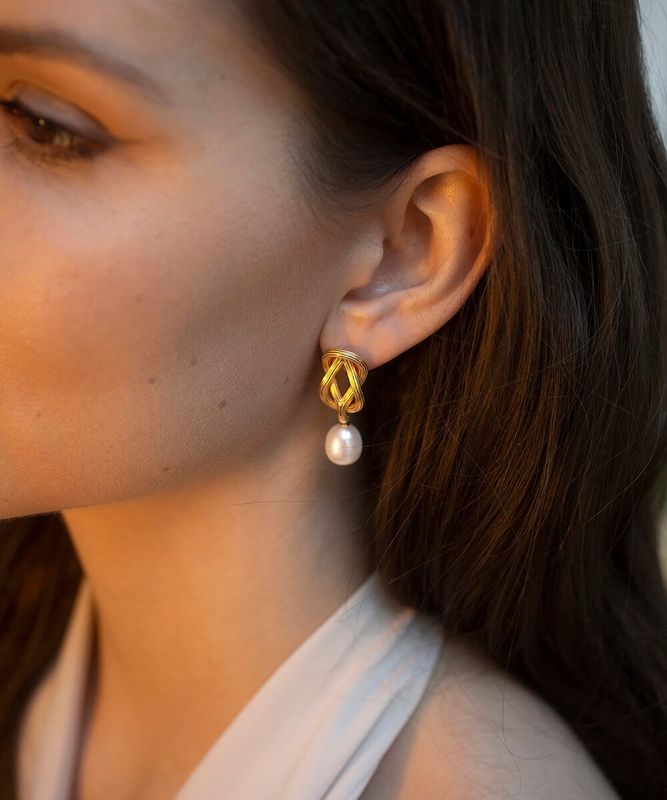 Silver Gold Plated Love Knot Pearl Drop Earrings