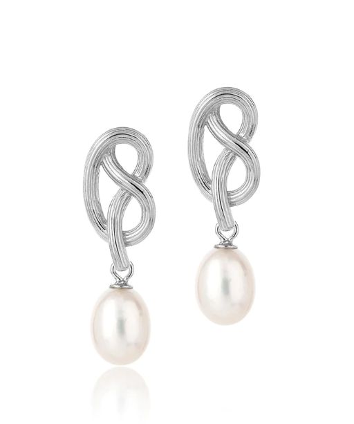 Sterling Silver Medium Love Knot Pearl Drop Earrings