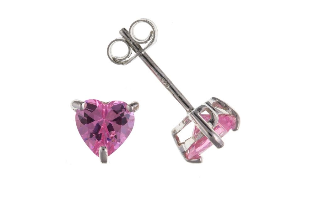 Pink CZ Silver Heart Stud Earrings