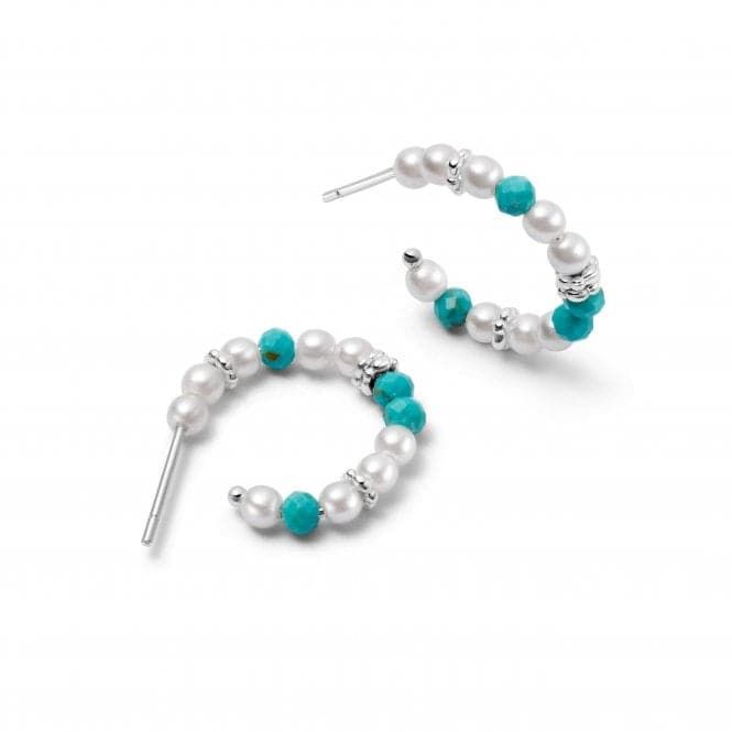 Sterling Silver Pearl Turquoise Midi Hoop Earrings