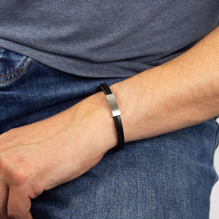 S/Steel Black Leather Double-Row Bracelet