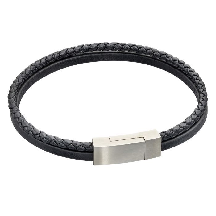 S/Steel Black Leather Double-Row Bracelet