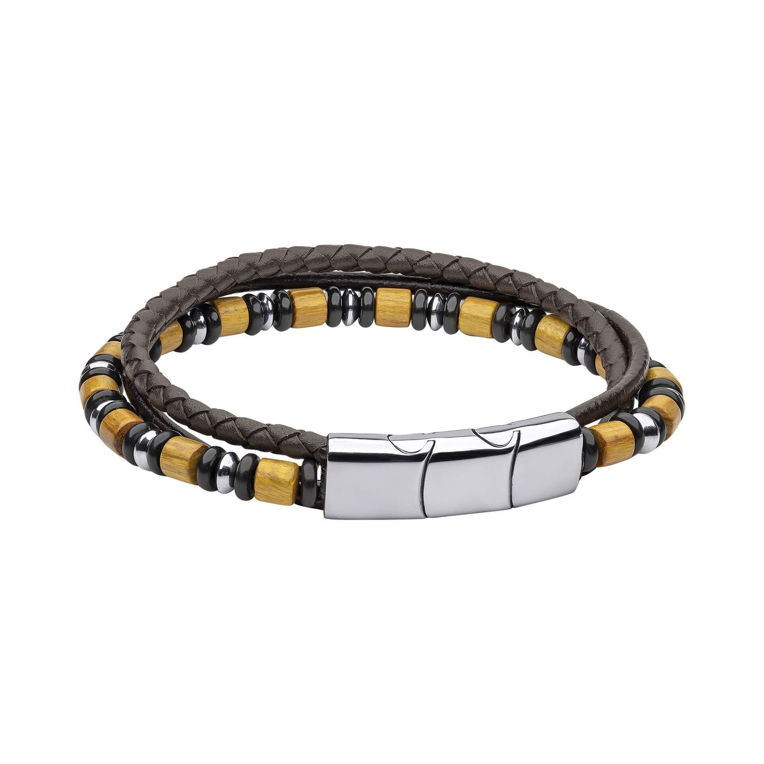 Leather Bracelet with Wood and Black Onyx Beads
