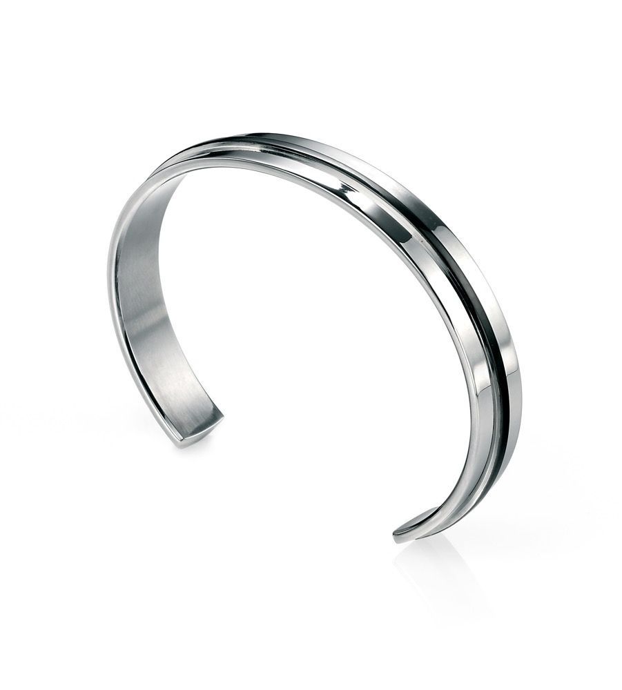 Stainless Steel Black Stripe Men&#39;s Cuff Bangle