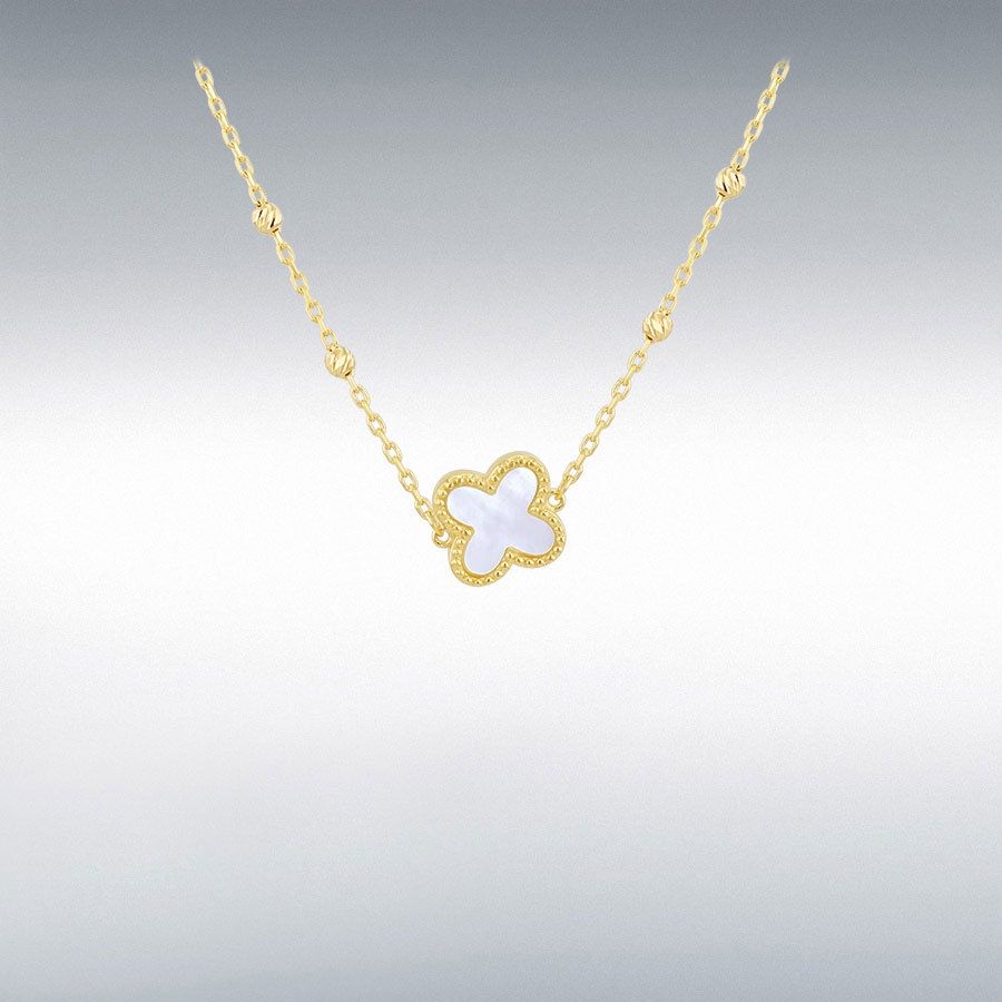 9ct Yellow Gold White Mother of Pearl Clover Ball Chain Necklet