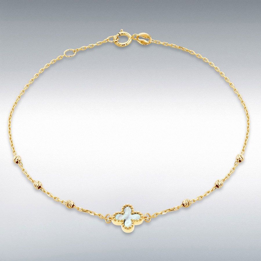 9ct Yellow Gold White Mother Of Pearl Clover Beaded Chain Bracelet