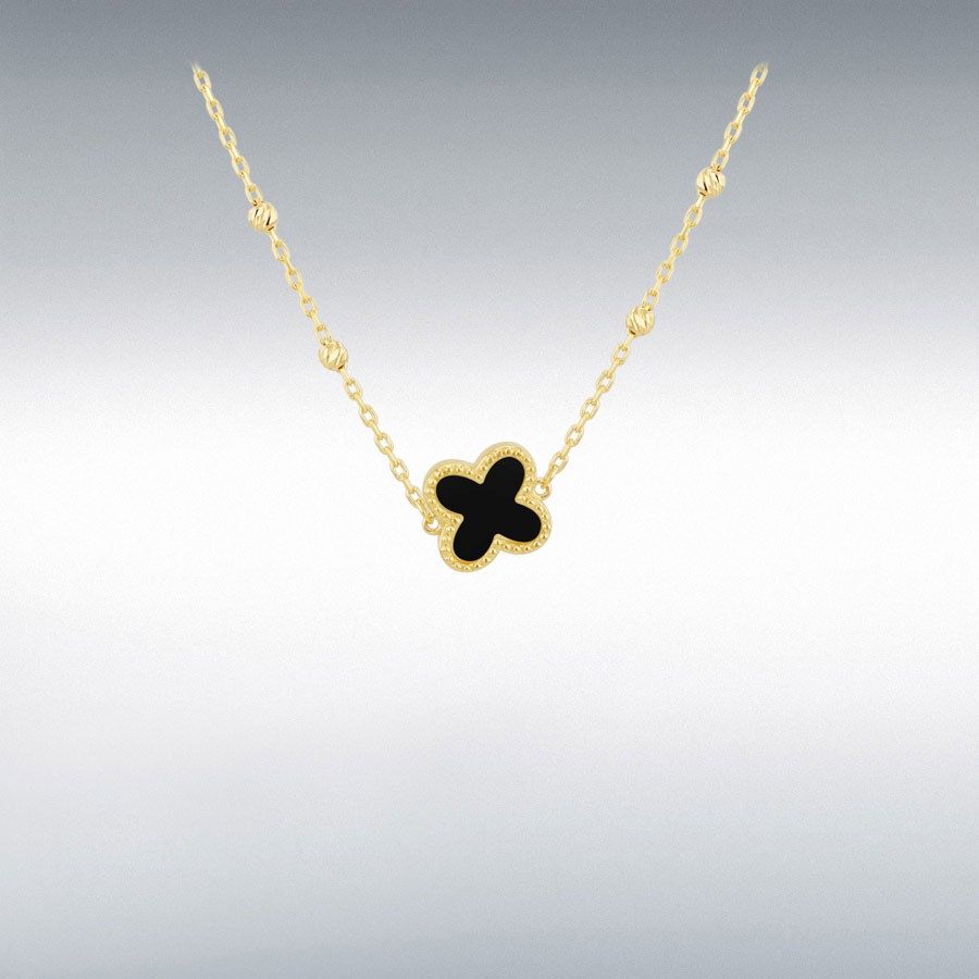 9ct Yellow Gold Black Onyx Clover Ball Chain Necklet