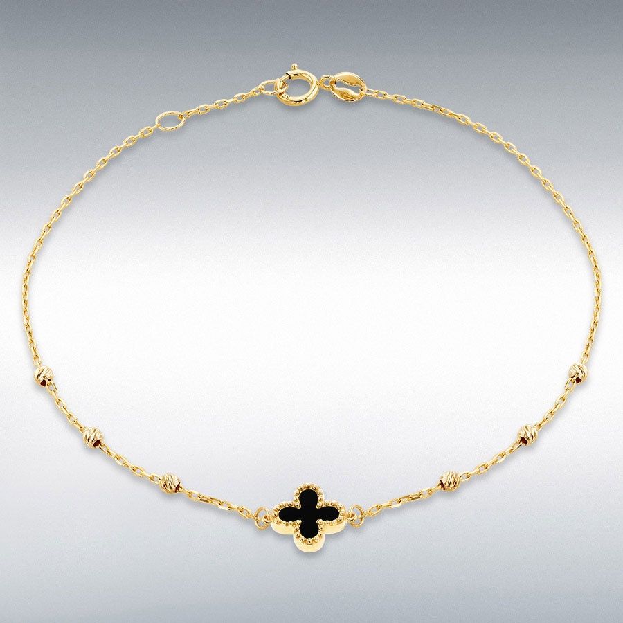 9ct Yellow Gold Black Onyx Clover Bracelet