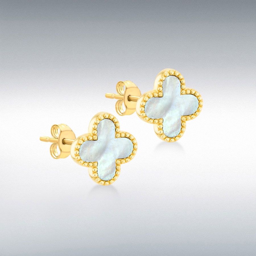 9ct Yellow Gold Beaded Clover Petal Stud Earrings, Stone: White Mother Of Pearl