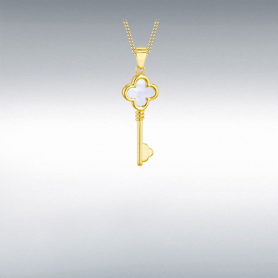 9ct Yellow Gold White Mother Of Pearl Clover Petal Key Pendant