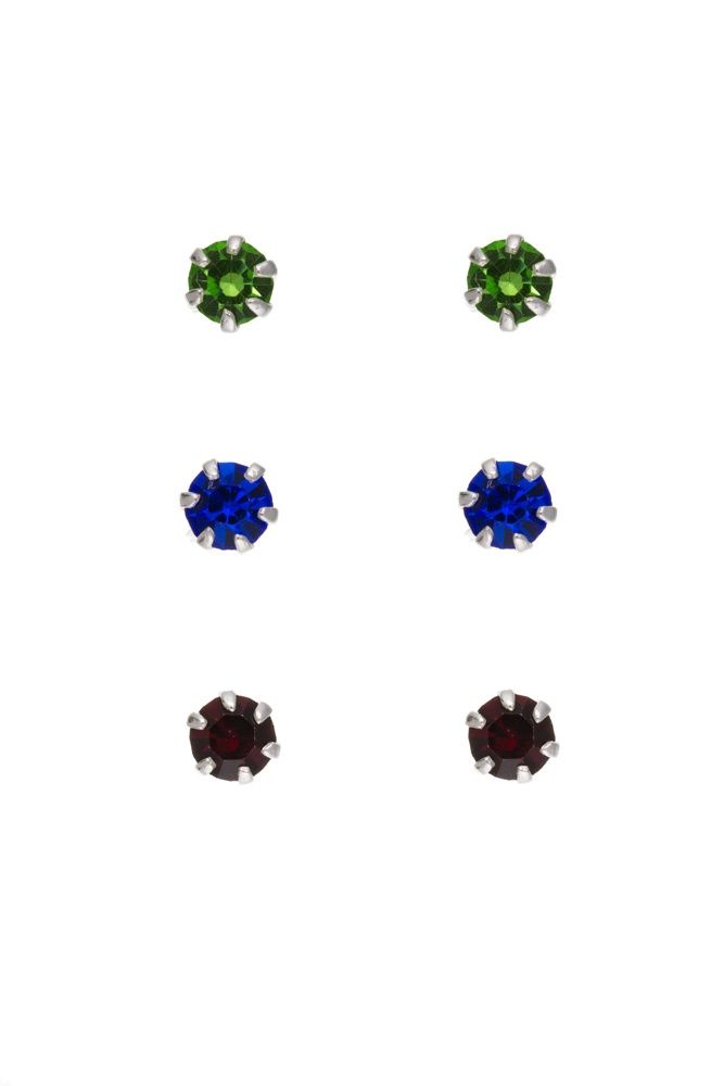Silver Trio Set Coloured Crystal Studs