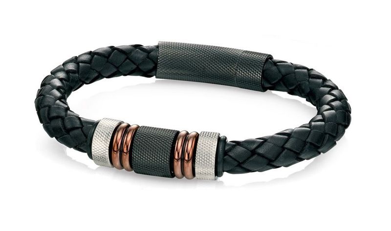 Black Leather Woven Bracelet with IP Clasp