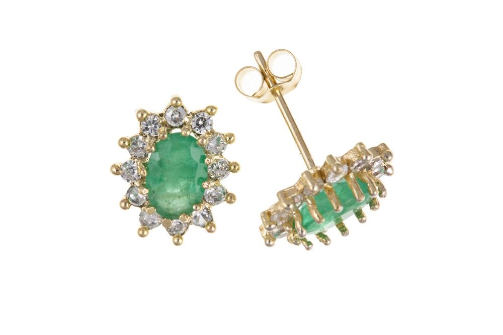 Emerald and Cubic Zirconia 9ct Gold Stud Earrings