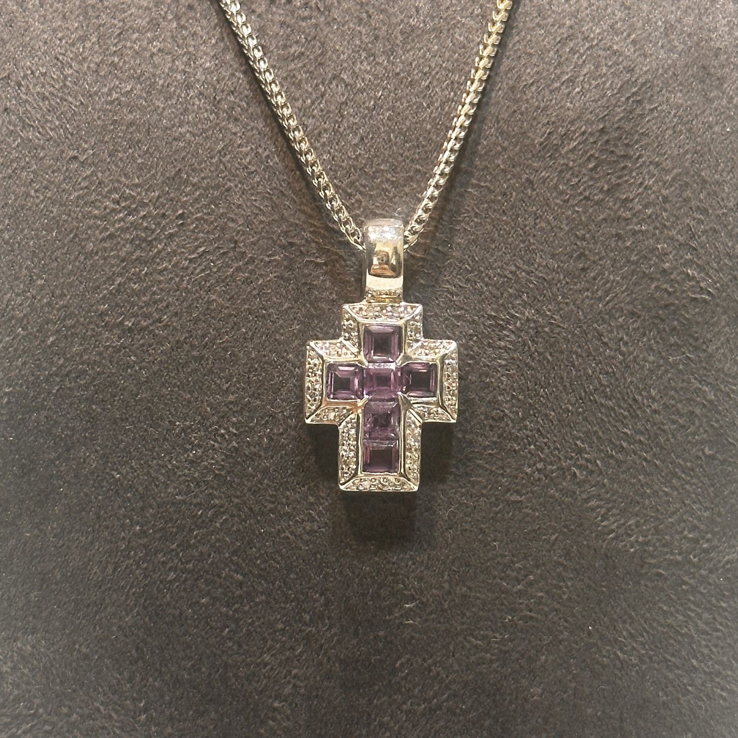 Pre-Owned 9ct White Gold Amethyst and Diamond Cross Pendant