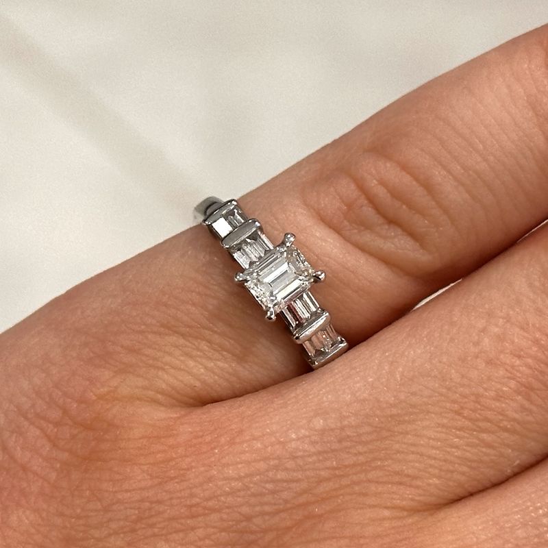 Pre-Owned 18ct White Gold Emerald and Baguette Cut Diamond Ring 0.75ct F/G VS2