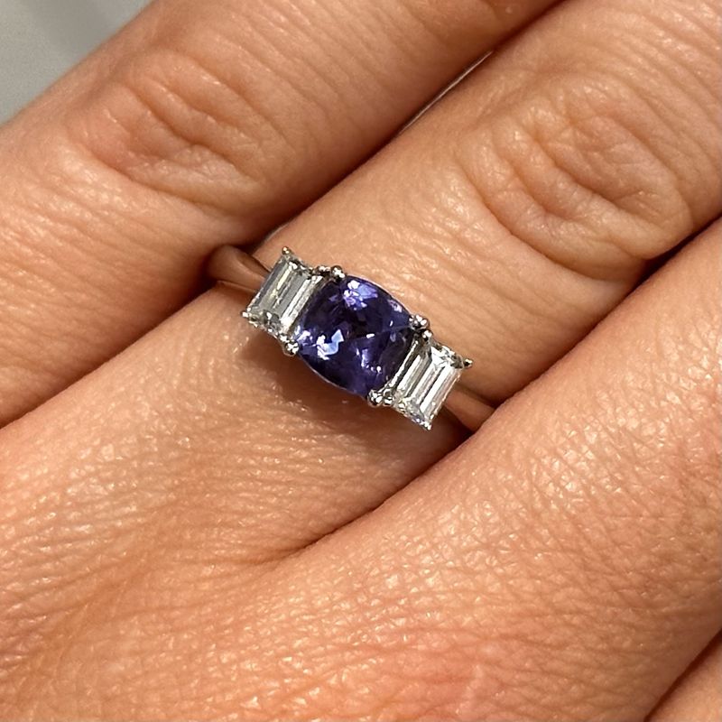 18ct White Gold Cushion Cut Tanzanite &amp; Diamond Trilogy Ring