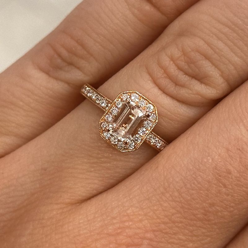 18ct Rose Gold Morganite and Diamond Halo Ring