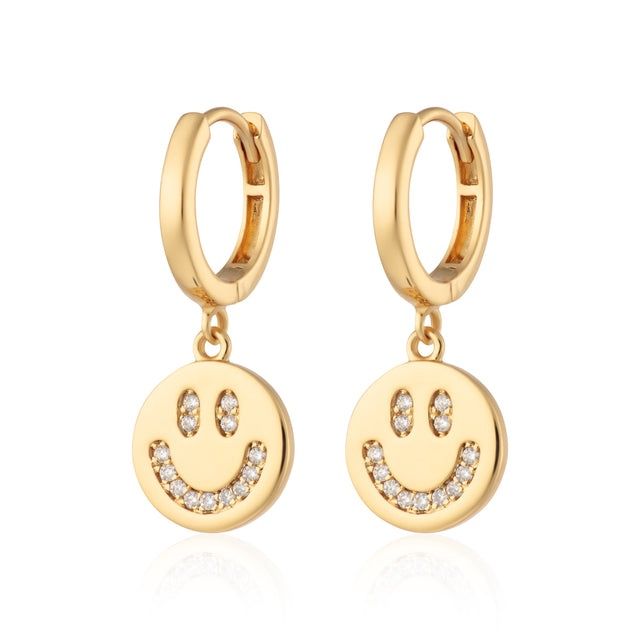 Smiley Face Charm Hoop Earrings, Metal: 18ct Gold Plated Sterling Silver