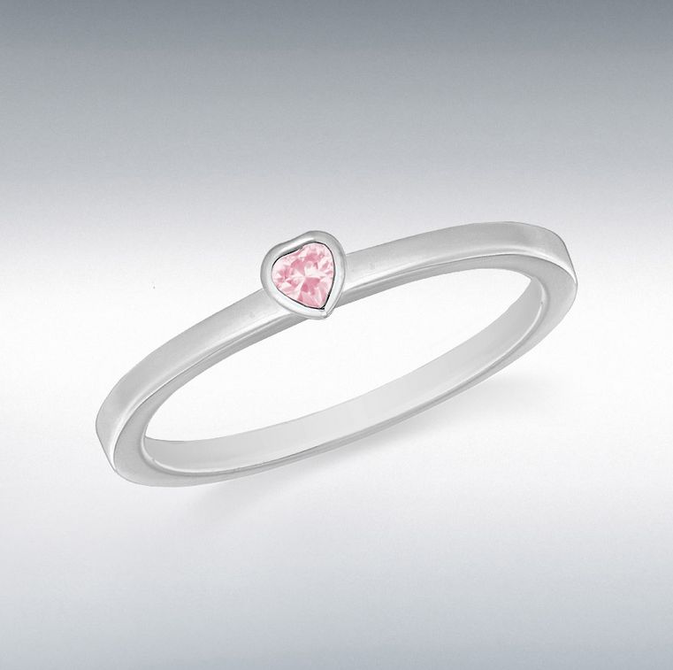 Silver Pink Cubic Zirconia Heart Stacking Ring