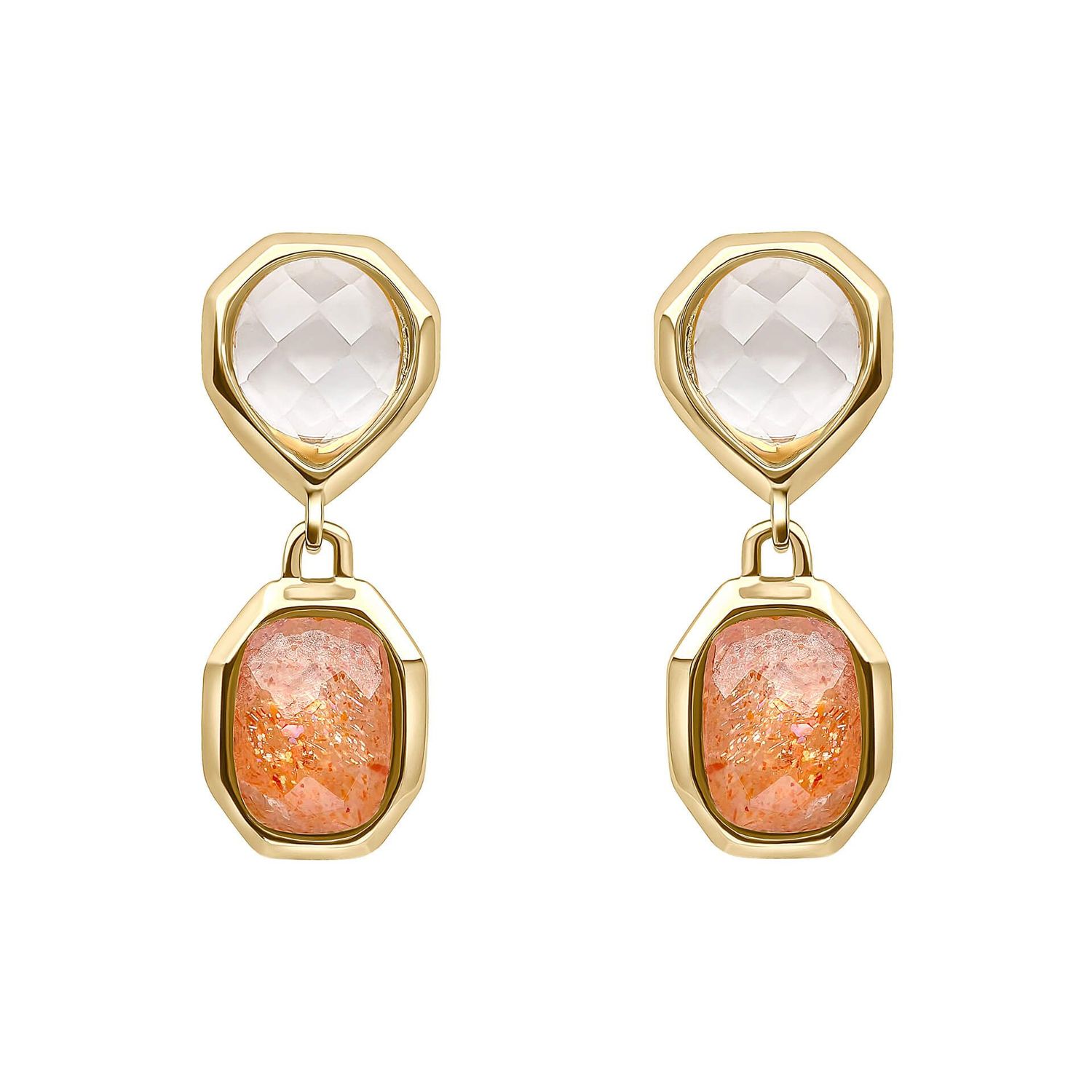Silver Sunstone &amp; Quartz Drop Earrings with Yellow Gold-Plating