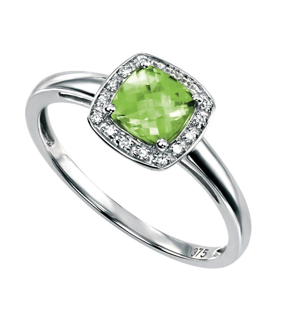 9ct White Gold Peridot Diamond Cluster Ring, Ring Size: 52