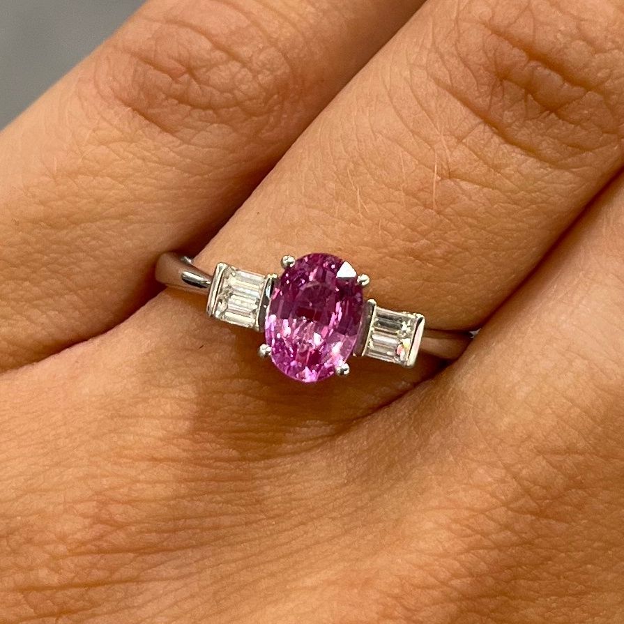 18ct White Gold Oval Pink Sapphire 0.95ct &amp; Baguette Diamonds 0.16ct Ring