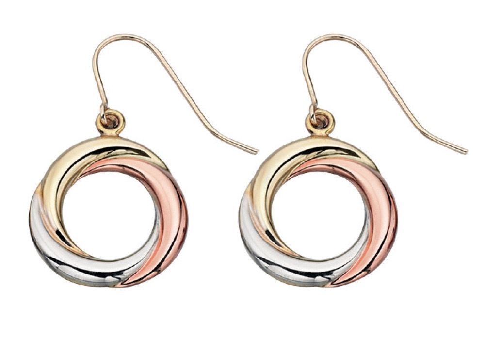 Three-Tone Open Circle Drop Earrings 9ct Gold