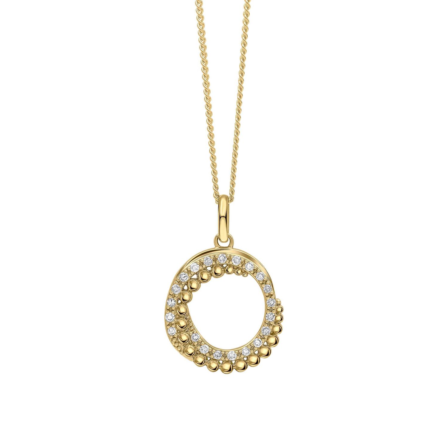Diamond and Stippled Edge Swirl Pendant 9ct Gold