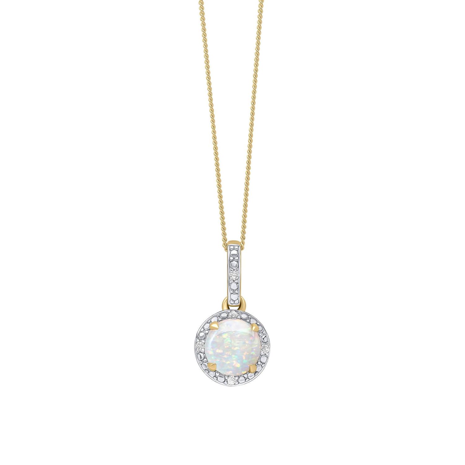 Round Diamond Surround Opal Pendant 9ct Gold