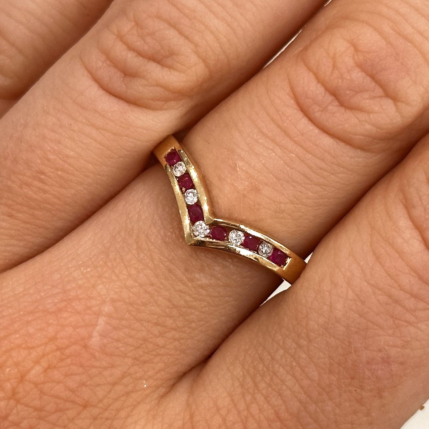 9ct Yellow Gold Wishbone Half Eternity Ruby &amp; Diamond Ring