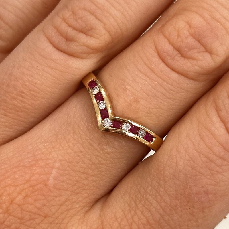 9ct Yellow Gold Wishbone Half Eternity Ruby &amp; Diamond Ring