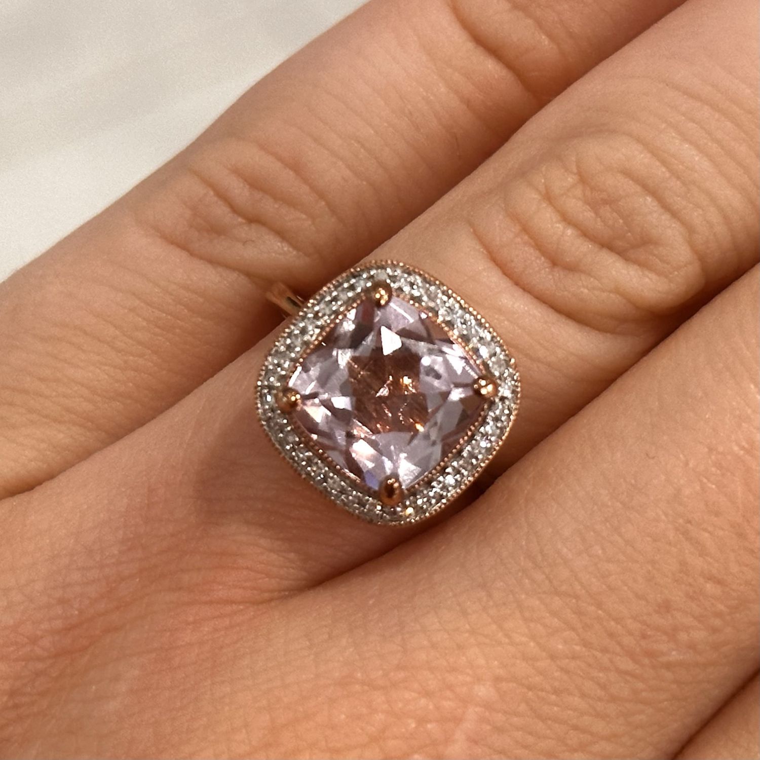 9ct Rose Gold Pink Amethyst &amp; Diamond Cluster Ring