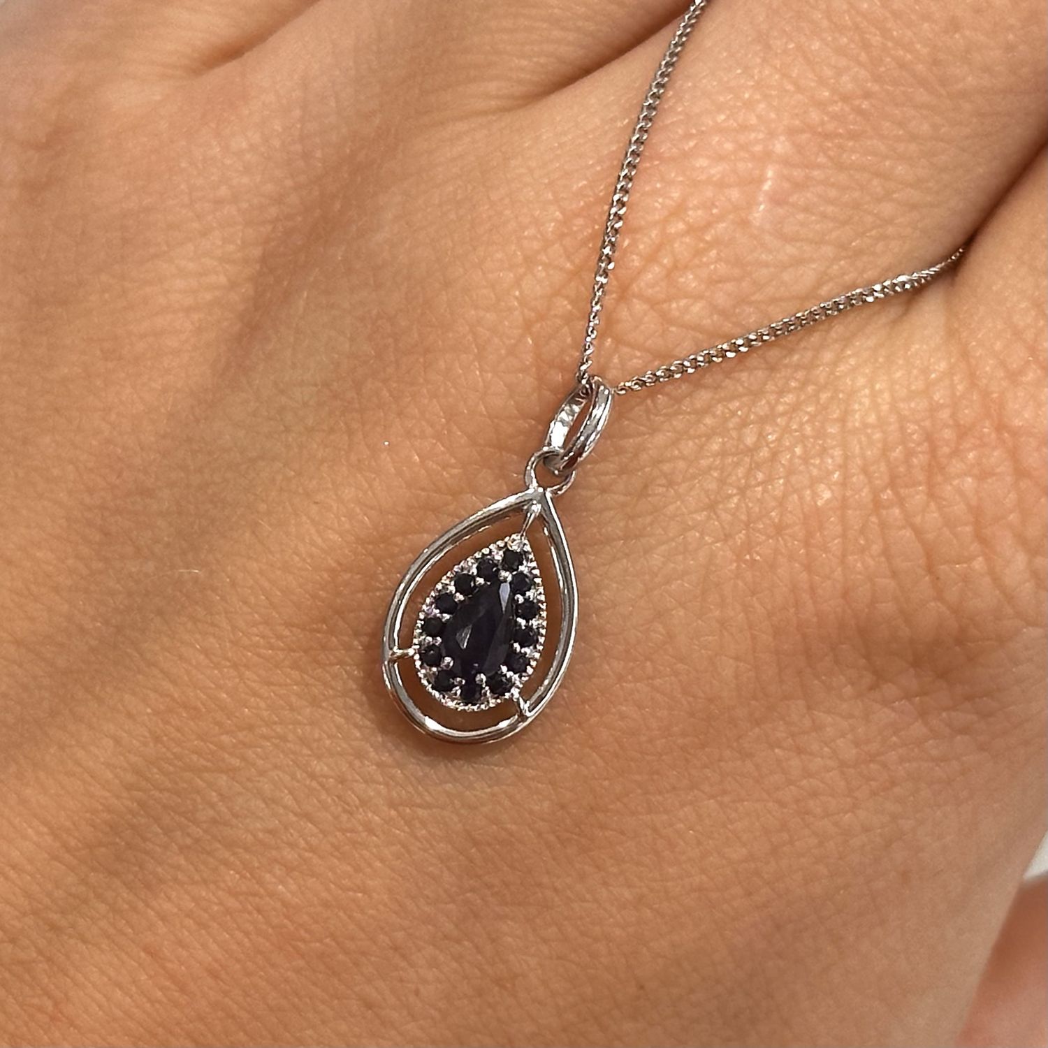 9ct White Gold Blue Sapphire Teardrop Pendant