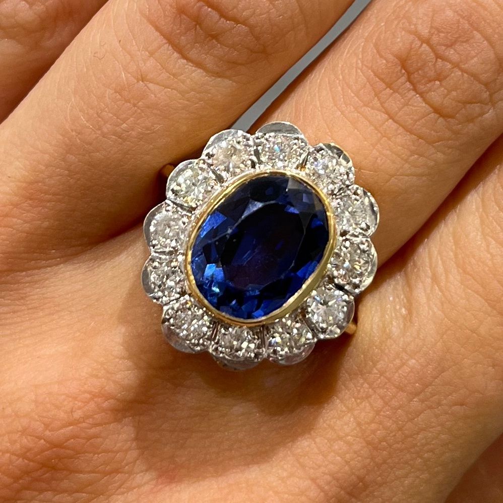 18ct Yellow 5.10ct Sapphire 0.90ct Diamond Cluster Ring