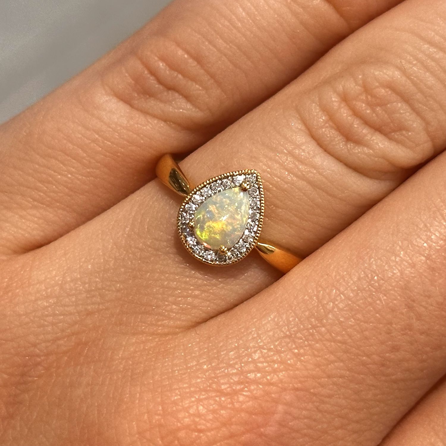 18ct Yellow Gold Pear Opal &amp; Diamond Cluster Ring