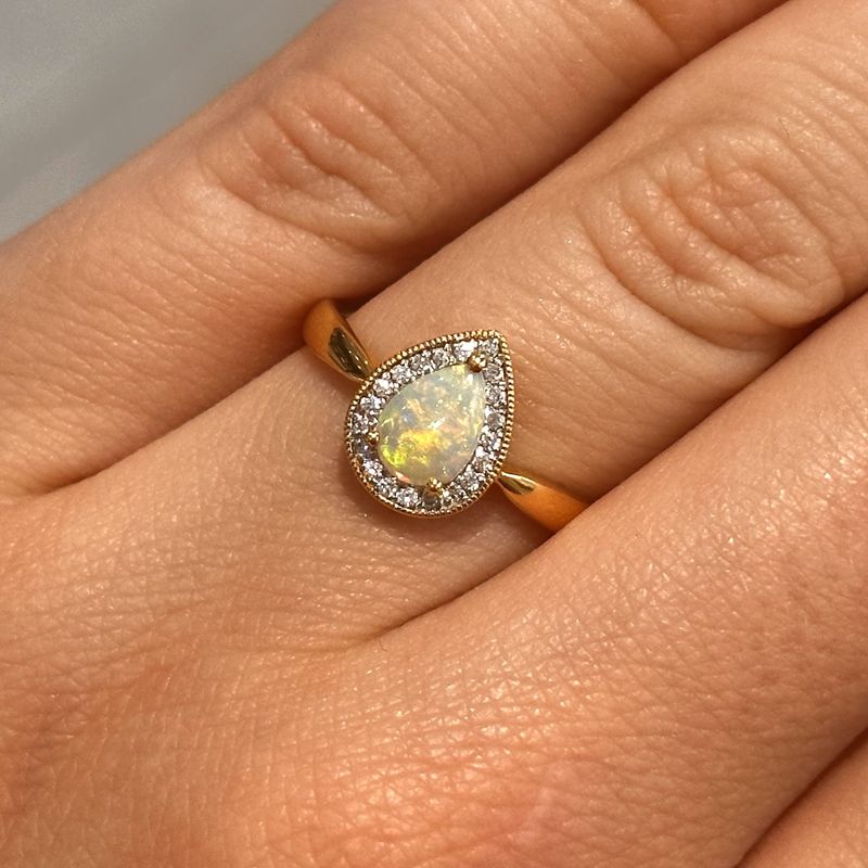 18ct Yellow Gold Pear Opal &amp; Diamond Cluster Ring