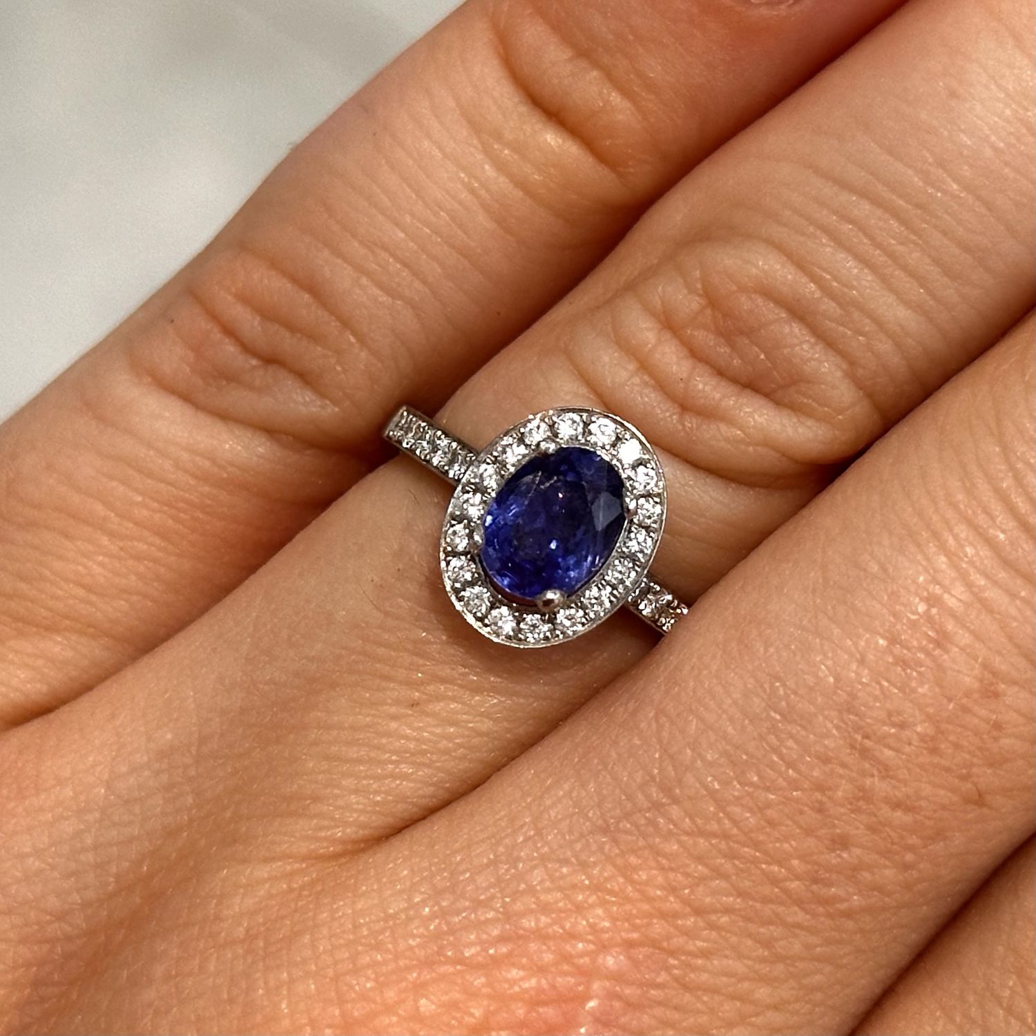 Platinum Sapphire &amp; Diamond Oval Cluster Ring