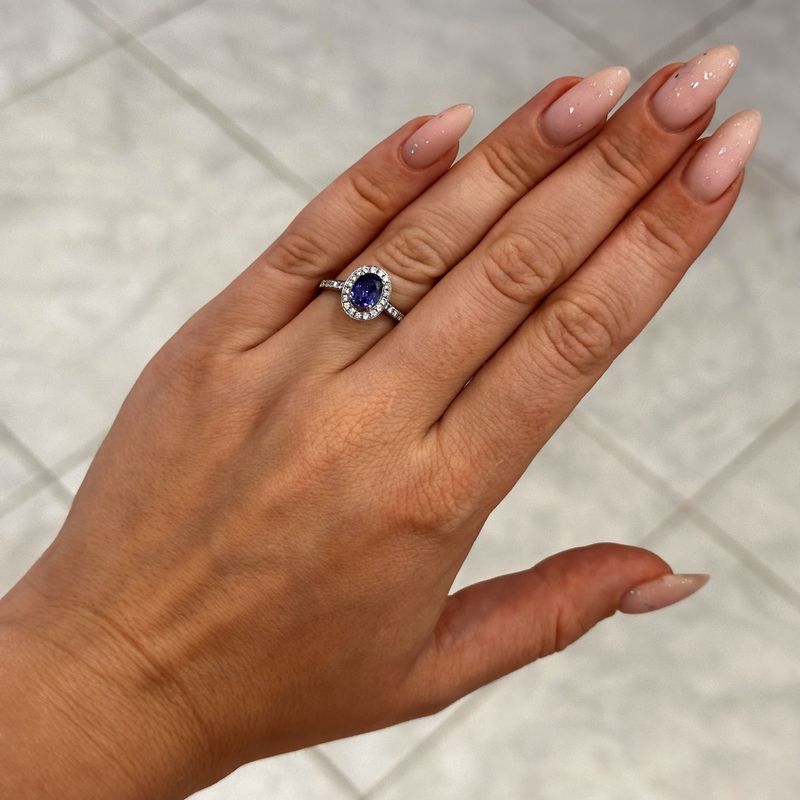 Platinum Sapphire &amp; Diamond Oval Cluster Ring