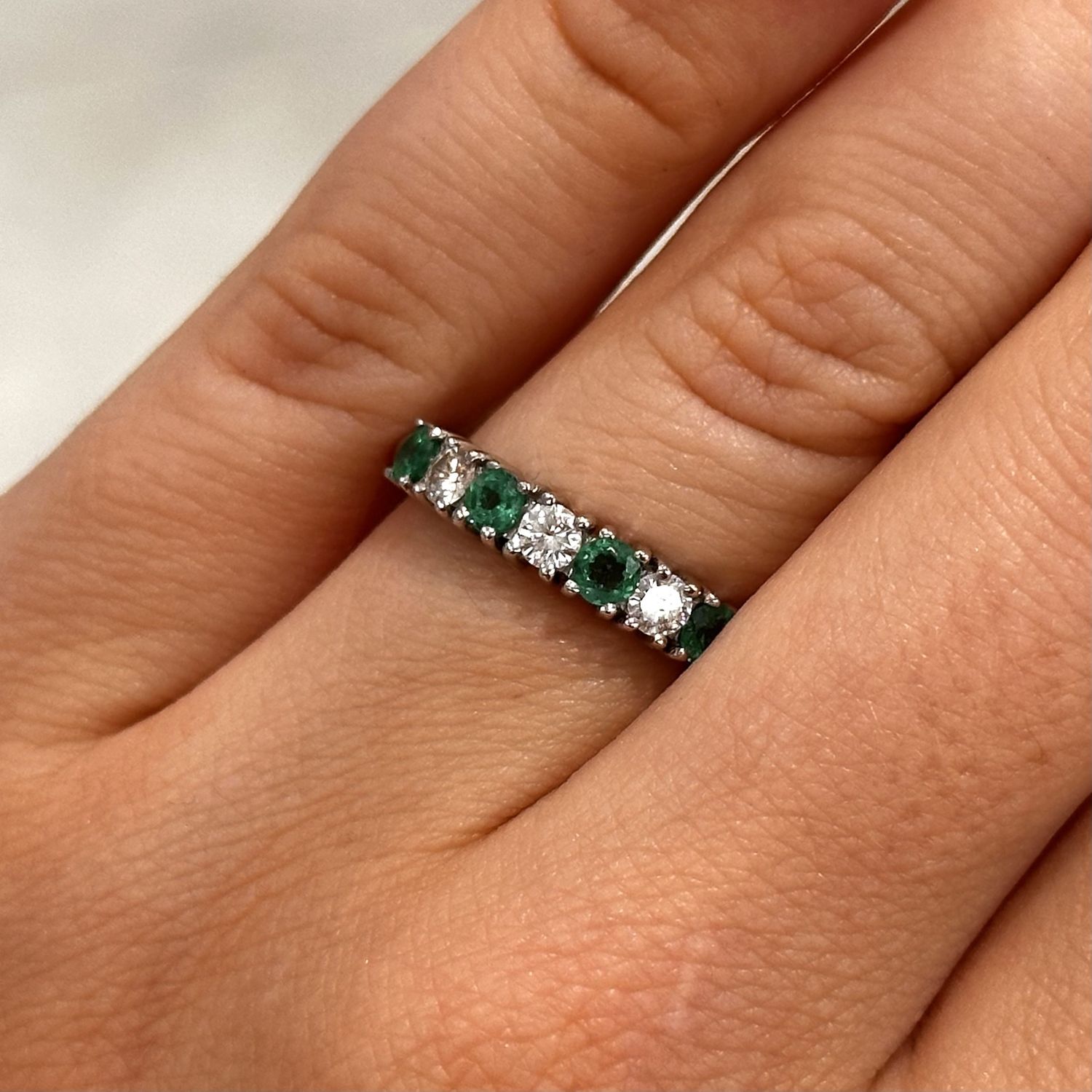 18ct White Gold Emerald and Diamond Half Eternity Ring
