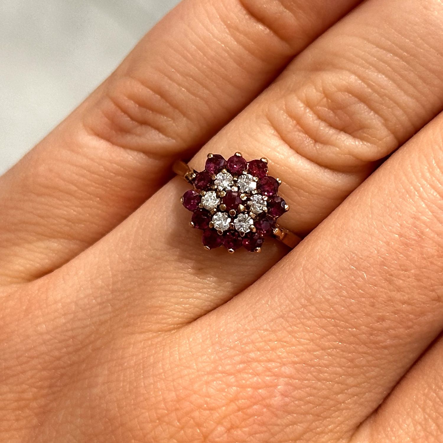 Pre-owned 9ct Yellow Gold Ruby and Diamond Cluster Ring