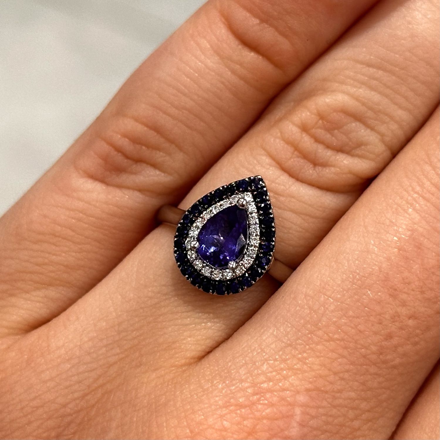 Platinum Pear Shape Tanzanite Diamond and Sapphire Ring