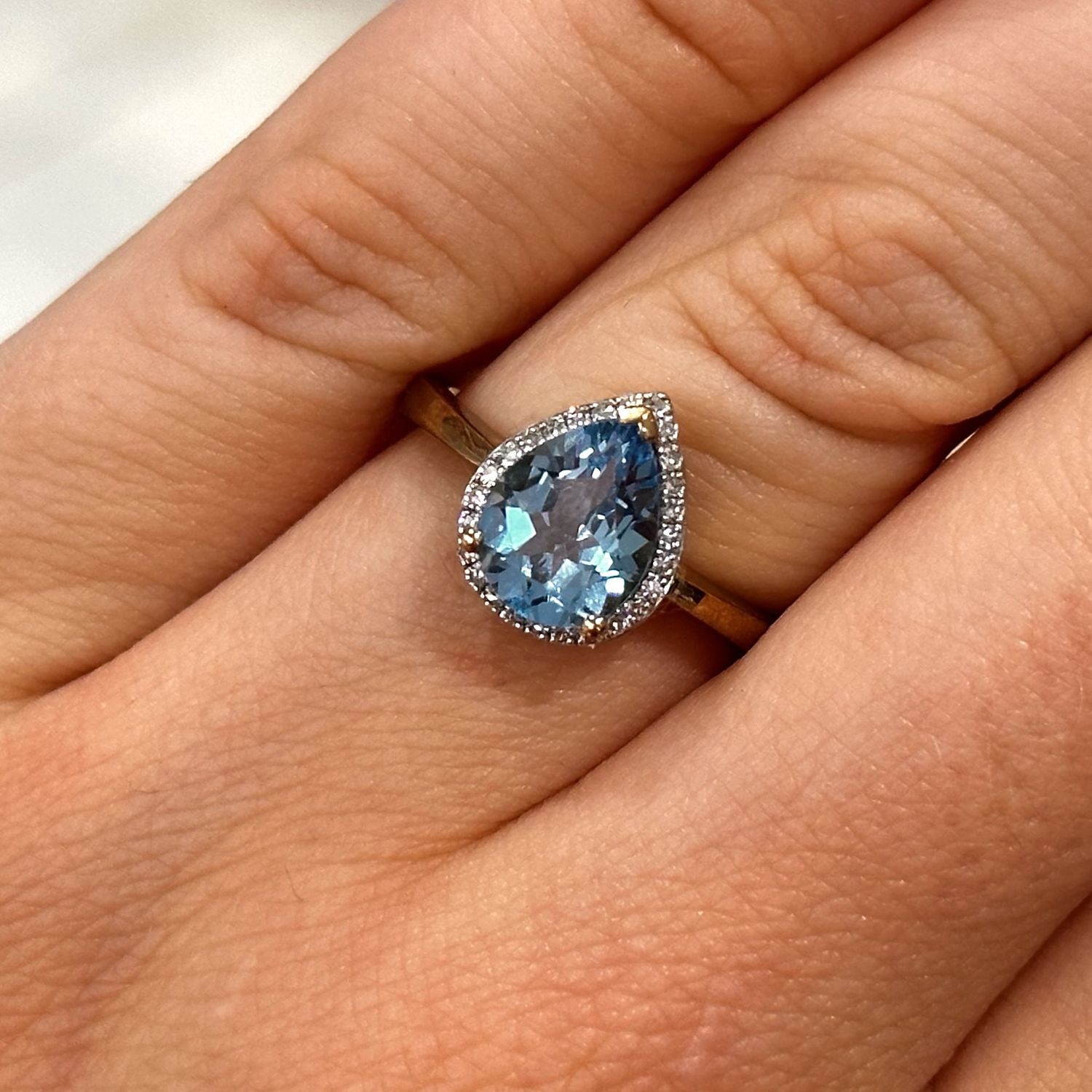 9ct Yellow Gold Blue Topaz and Diamond Pear Shape Ring