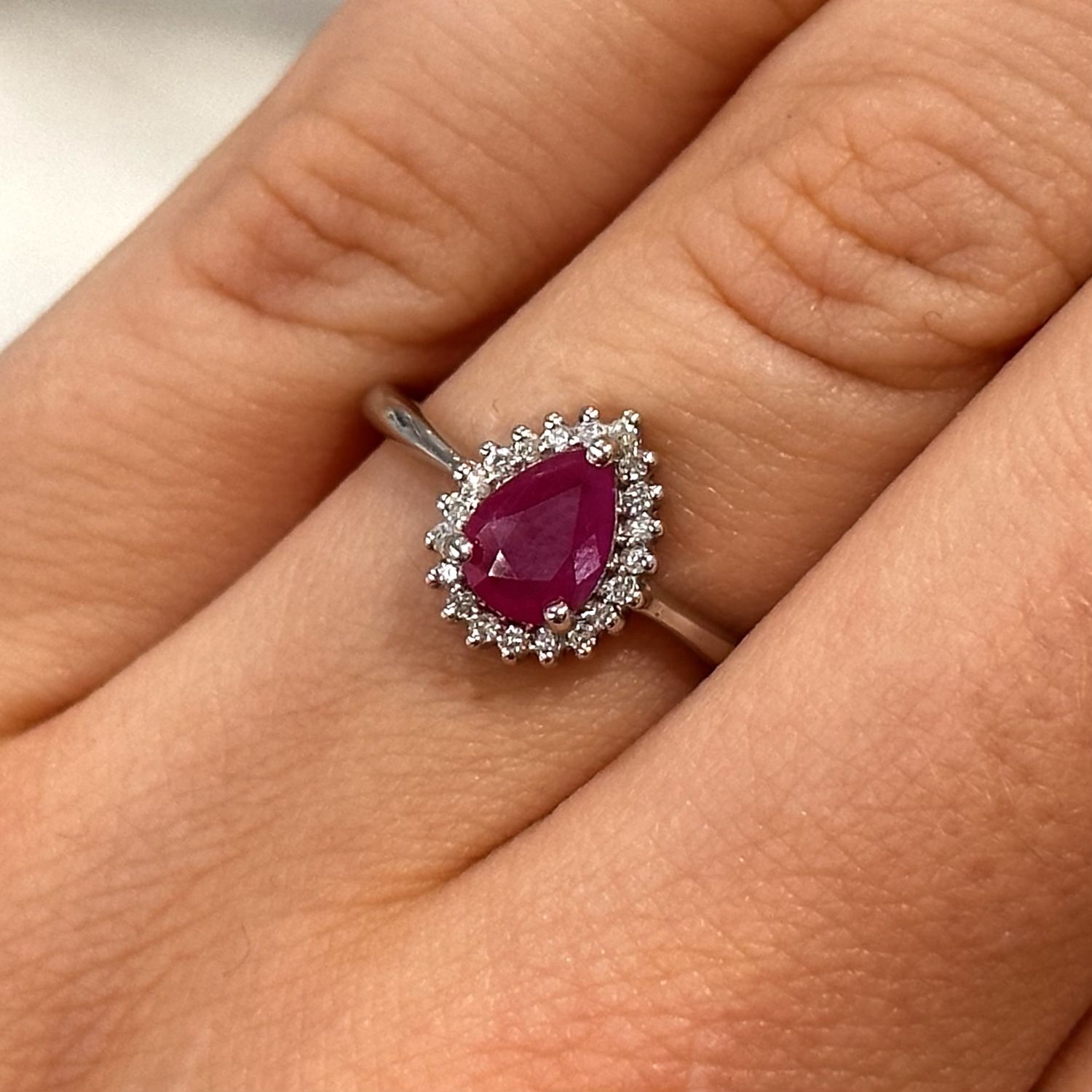 9ct White Gold Pear Shape Ruby and Diamond Cluster Ring