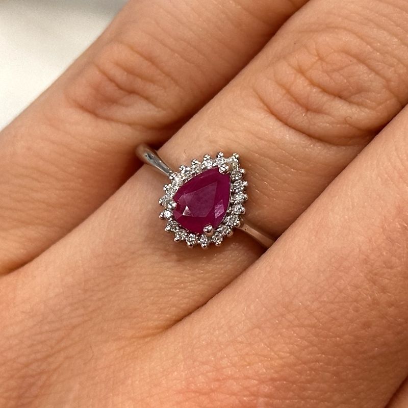 9ct White Gold Pear Shape Ruby and Diamond Cluster Ring