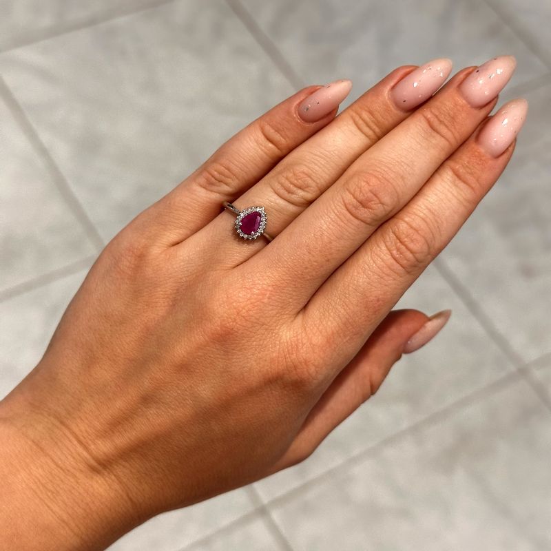 9ct White Gold Pear Shape Ruby and Diamond Cluster Ring