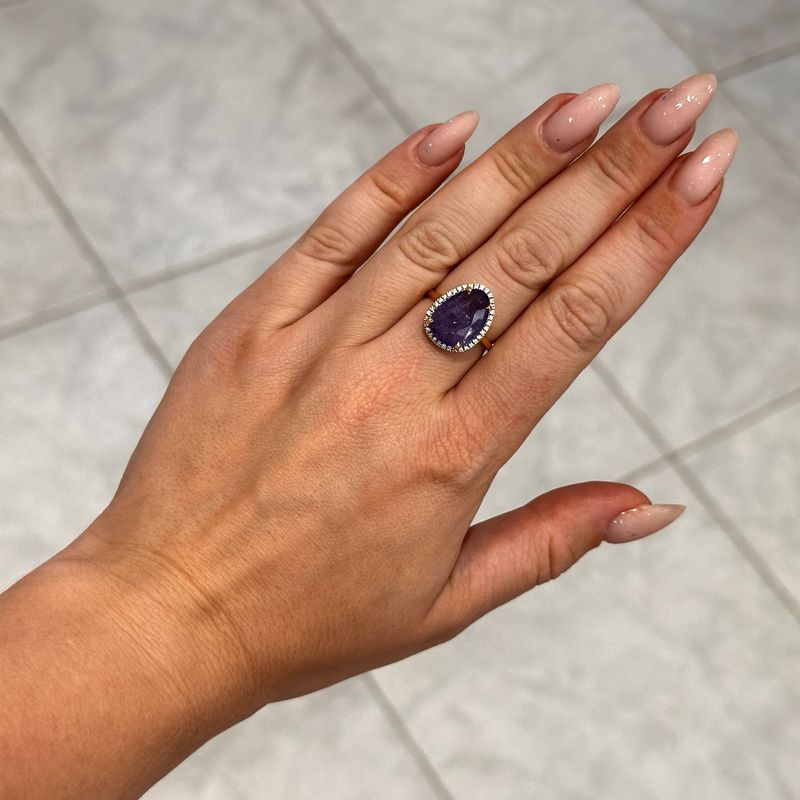 18ct Yellow Gold Rose Cut Tanzanite &amp; Diamond Halo Ring