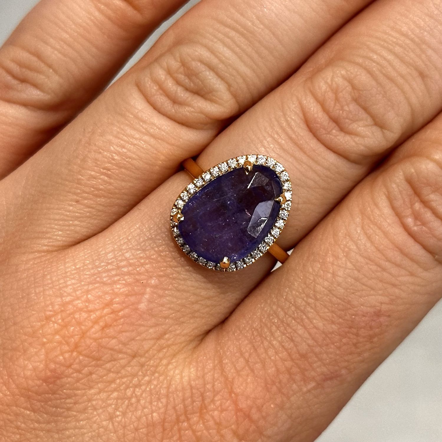 18ct Yellow Gold Rose Cut Tanzanite &amp; Diamond Halo Ring