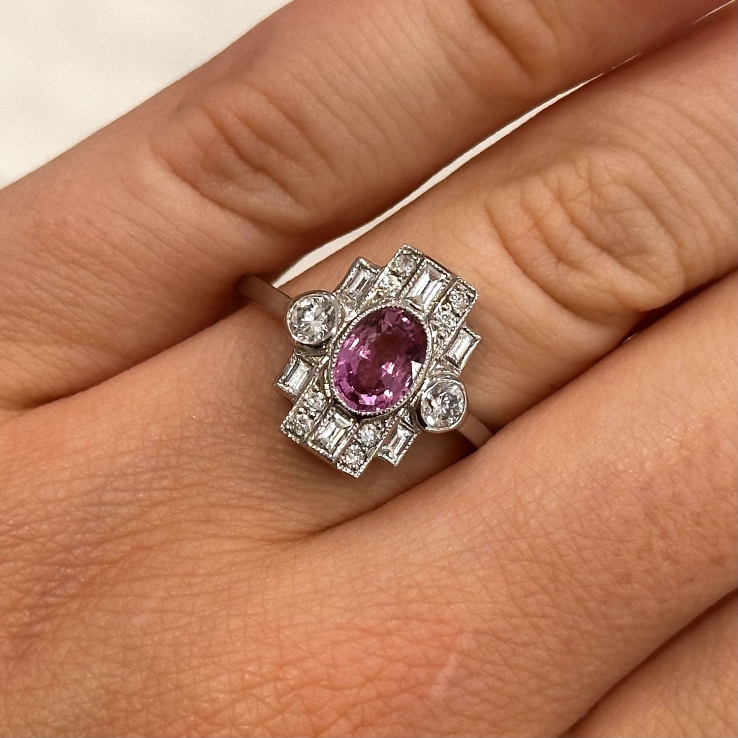 Pre-Owned Platinum Art Deco Style Pink Sapphire 1.00ct &amp; Diamond 0.65ct Ring