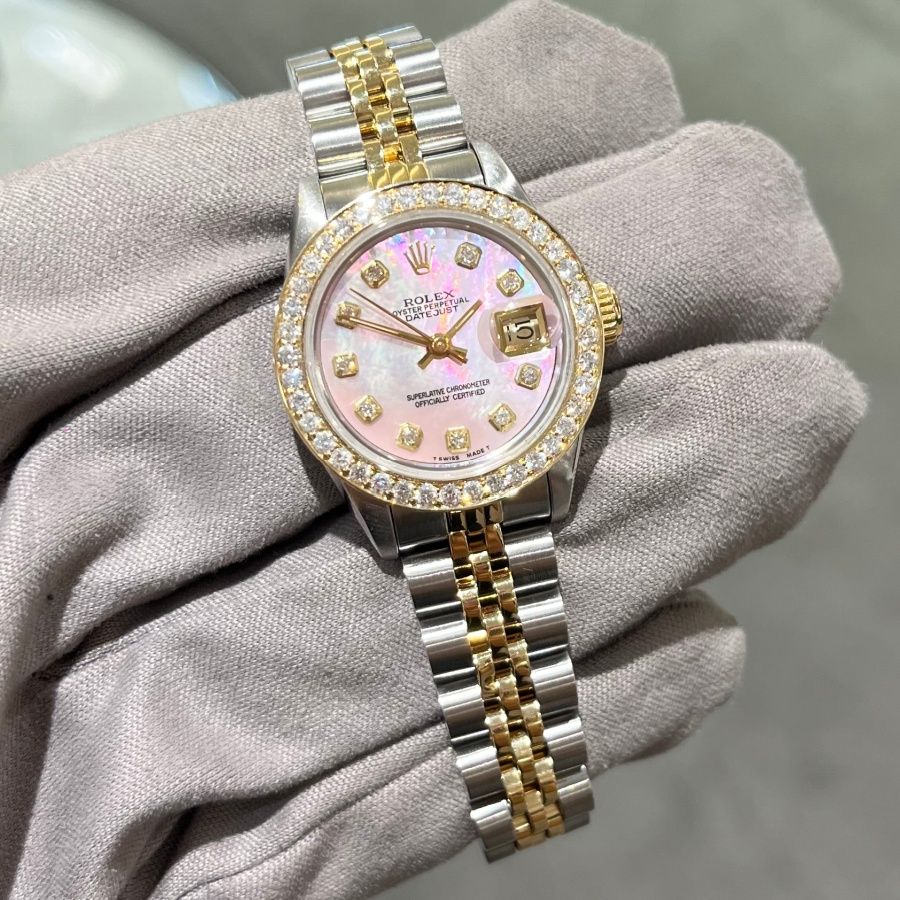 Pre-Owned Rolex Oyster Perpetual Steel &amp; Gold Ladies Diamond Custom Set Datejust 69173