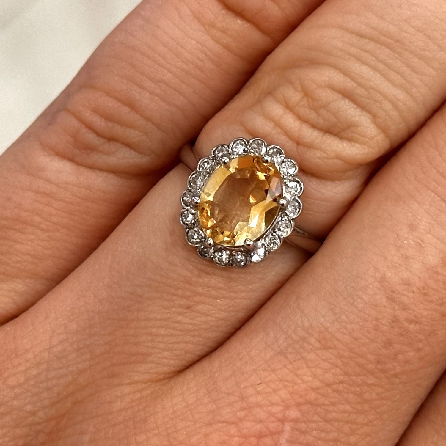 Pre-Owned Platinum Citrine Diamond Cluster Ring